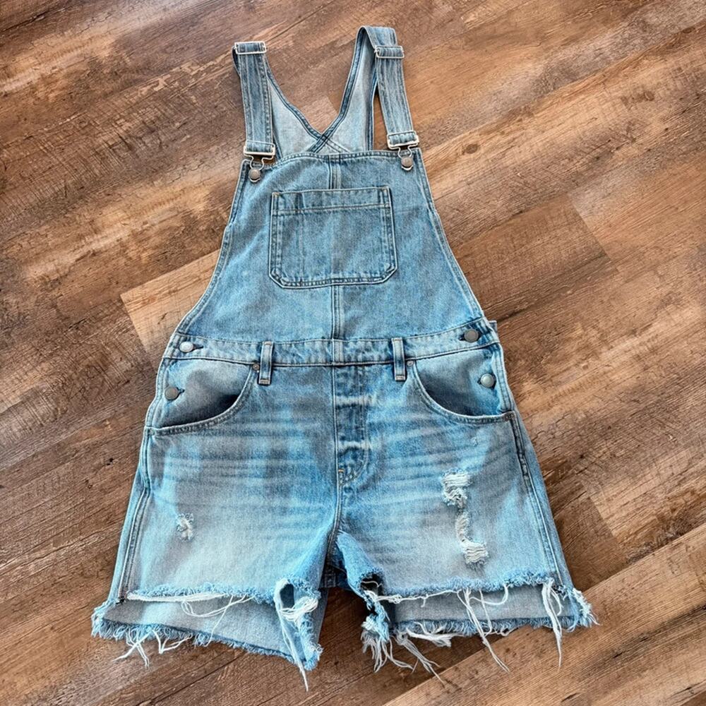 Hudson Sloane Denim Overall Shorts Women S Blue Distressed Cutoff Bib Shortalls